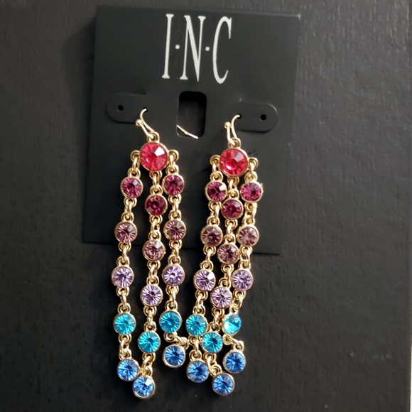 INC Rainbow Linear Tower Pierced Earrings Purples Blues NWT - Picture 1 of 2